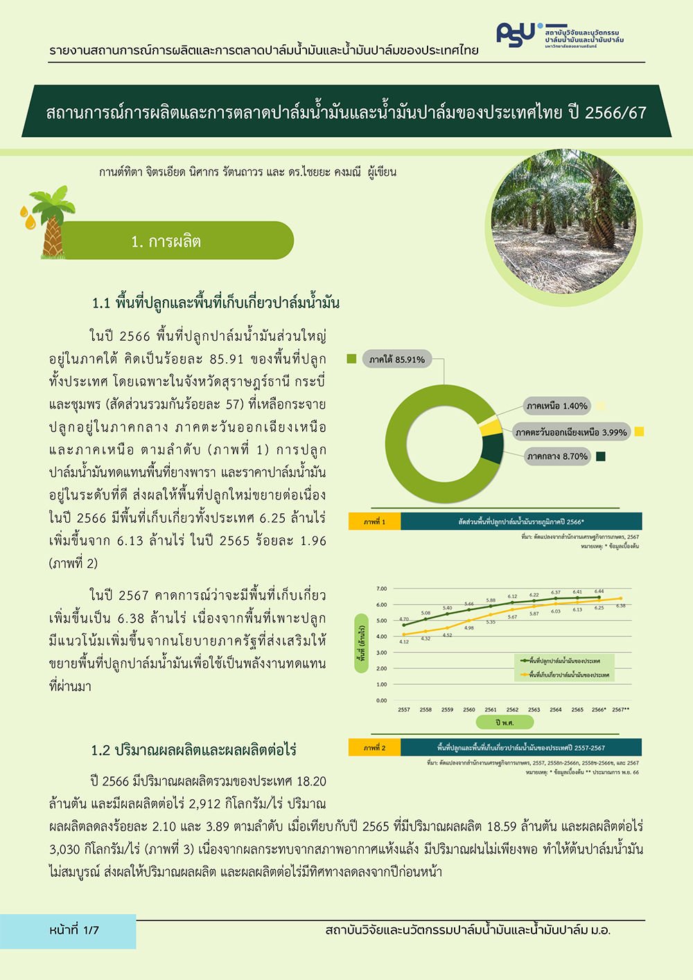 สถานการณ์การผลิตและการตลาดปาล์มน้ำมันและน้ำมันปาล์มไทย และโลก